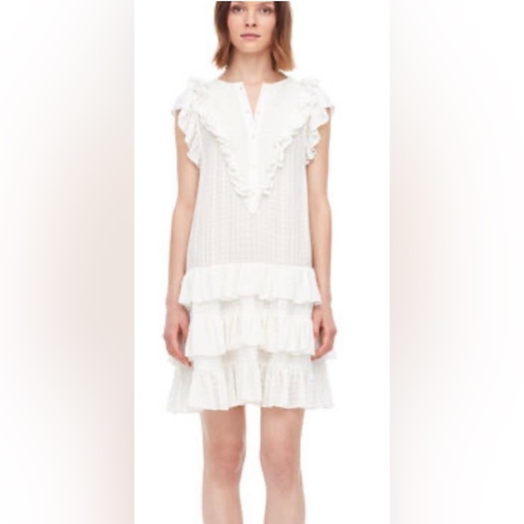 La Vie Rebecca Taylor Off White White Drapey Textured Check Dress w Ruffle Skirt - Picture 4 of 9